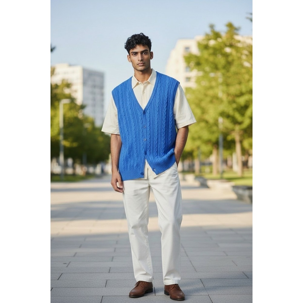 Alan Flusser Mens Royal Blue Cable Knit Cotton Button Front Cardigan Vest Size M